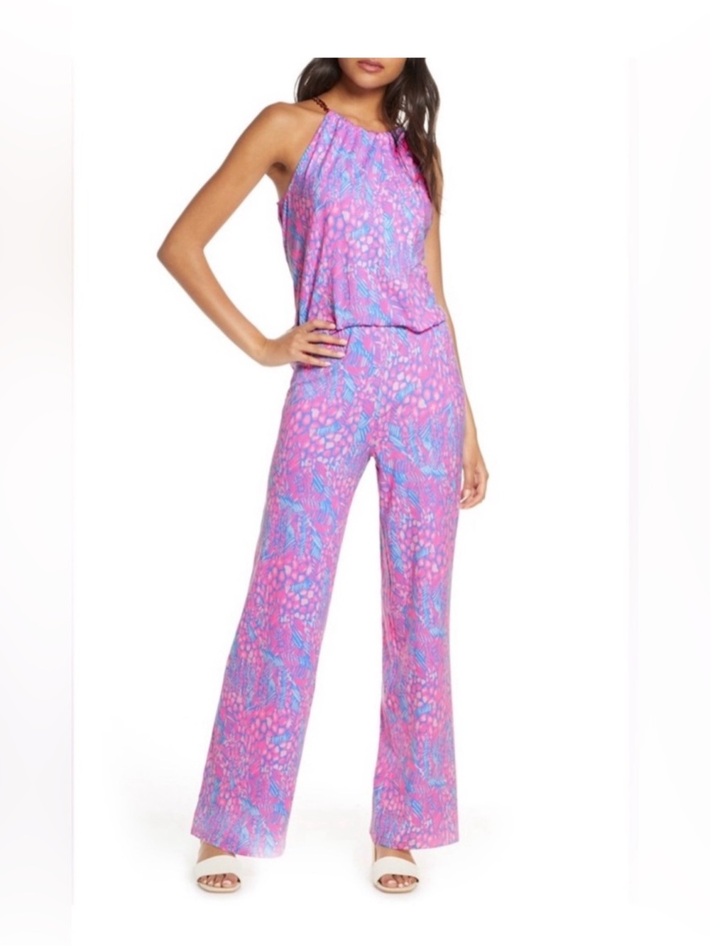 Lilly Pulitzer Bowen Pink & Blue Halter One-Piece Jumpsuit